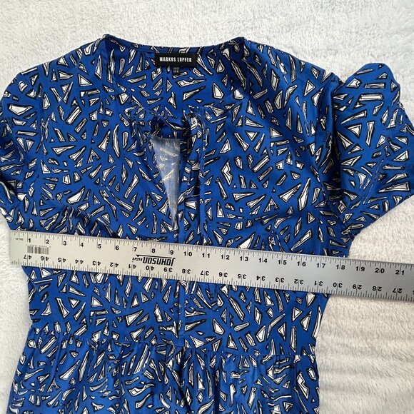 Markus Lupfer Womens Blue Geometric Print Short Sleeve Tiered Midi Dress Size 8 - Picture 9 of 12